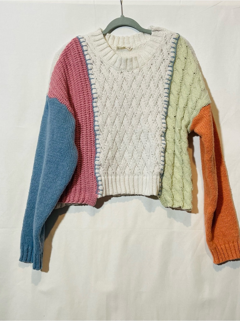 Colorblock Cable Crewneck Sweater in White, Pink, Blue, Green & Orange